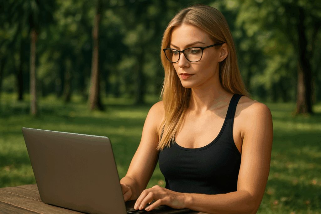 Blonde Girl Park Typing Laptop